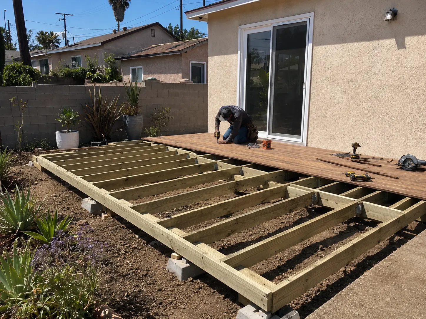 A deck under construction: pressure-treated joists on concrete block footings, with the first run of decking boards fastened down near the house.